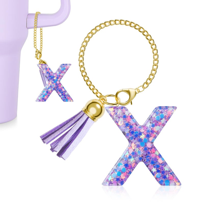 MOYOHIM Letter Charm for Stanley Cup, Cute Initial Keychain Charm for Handle, Purple Handle Accessories for Stanley Tumbler for Girls Women (Letter X) - Image 1